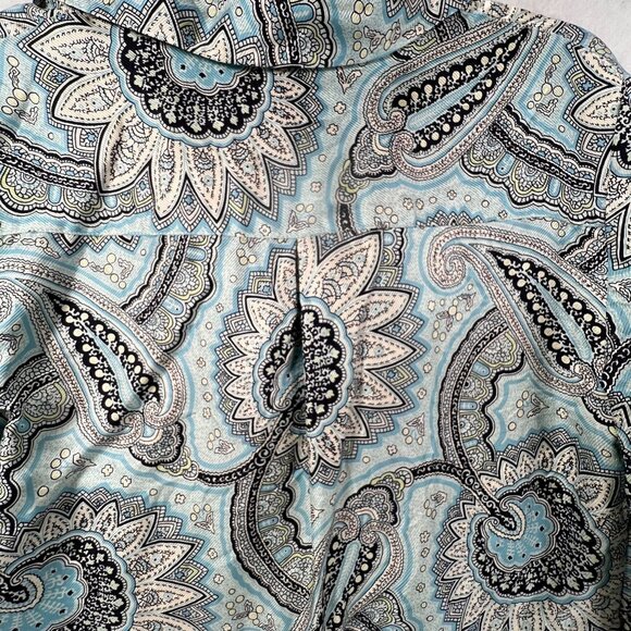 Talbots Paisley Silk Blouse Sz 8 Long Sleeve Turquoise Blue Retro V-Neck Collar - Picture 8 of 11